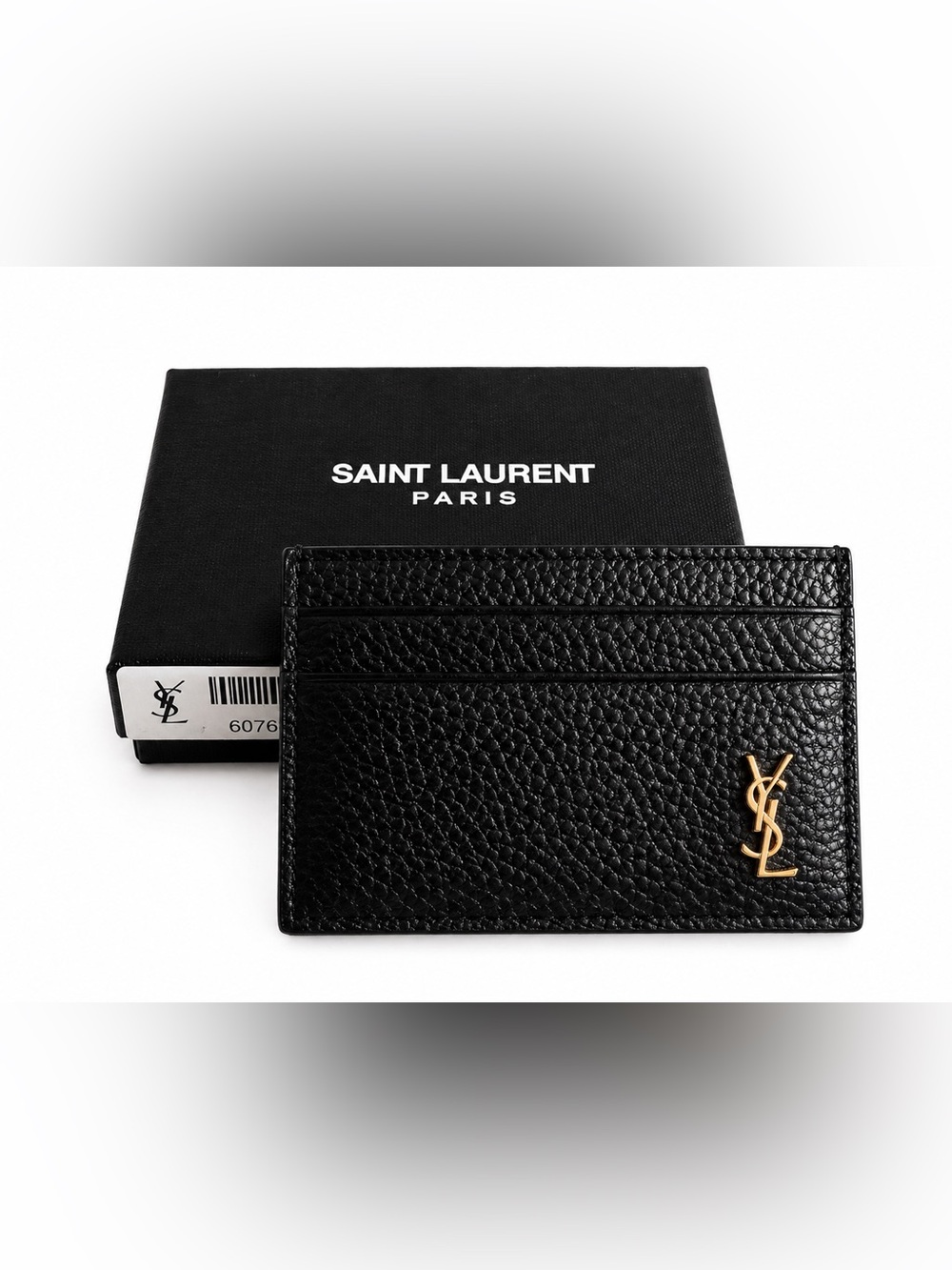 Saint Laurent Black Pebbled Leather Card holder yywith Gold YSL Emblem